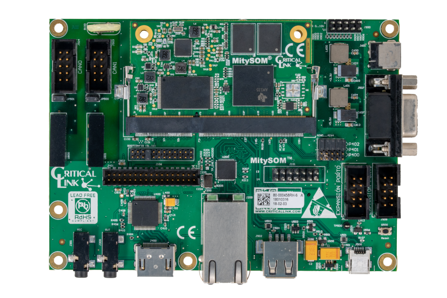 Top view of Critical Link's MitySOM-335x Development Kit, featuring Texas Instruments Sitara AM335x processor