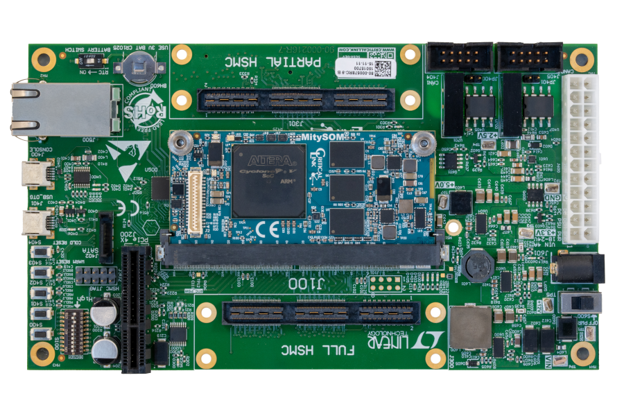 Top view of Critical Link's MitySOM-5CSx Development Kit featuring Altera Cyclone V SoC system on modules