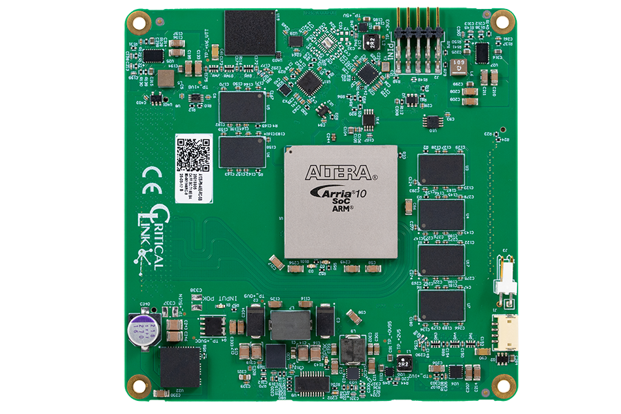 Top view of Critical Link's MitySOM-A10S system on module, featuring the Altera Arria 10 SoC