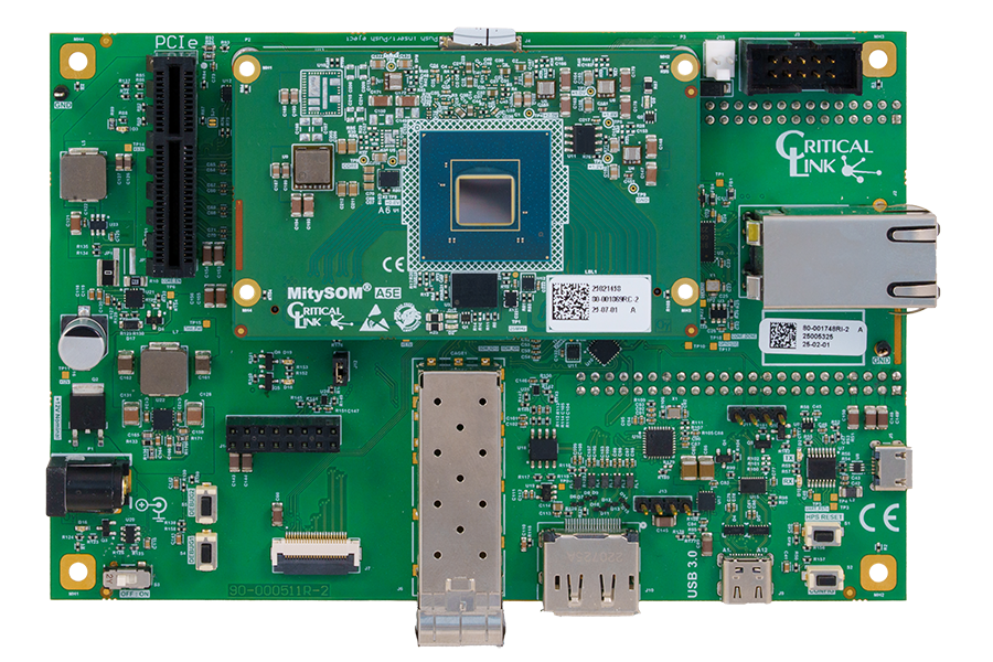 Top view of Critical Link's MitySOM-A5E Mini Development Kit featuring the Altera Agilex 5 FPGA
