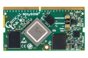 Top view of Critical Link's MitySOM-AM62A production suitable system on module based on Texas Instruments Sitara AM62Ax processor