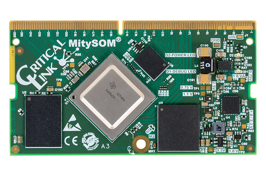 Top view of Critical Link's MitySOM-AM62A production suitable system on module based on Texas Instruments Sitara AM62Ax processor