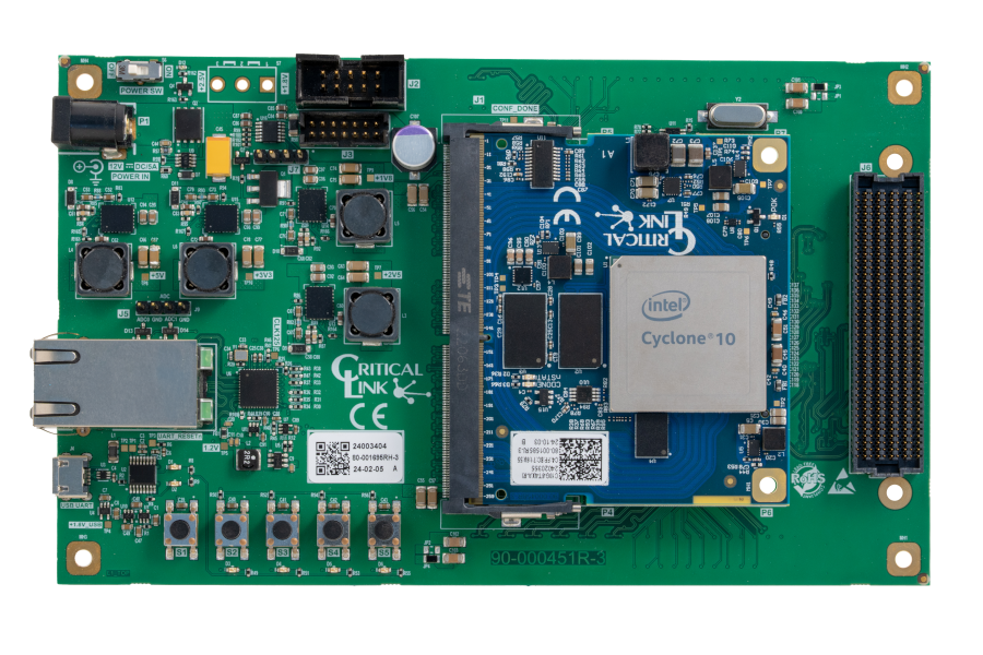 Top view of Critical Link's MitySOM-C10G Development Kit featuring Altera Cyclone 10 GX FPGA