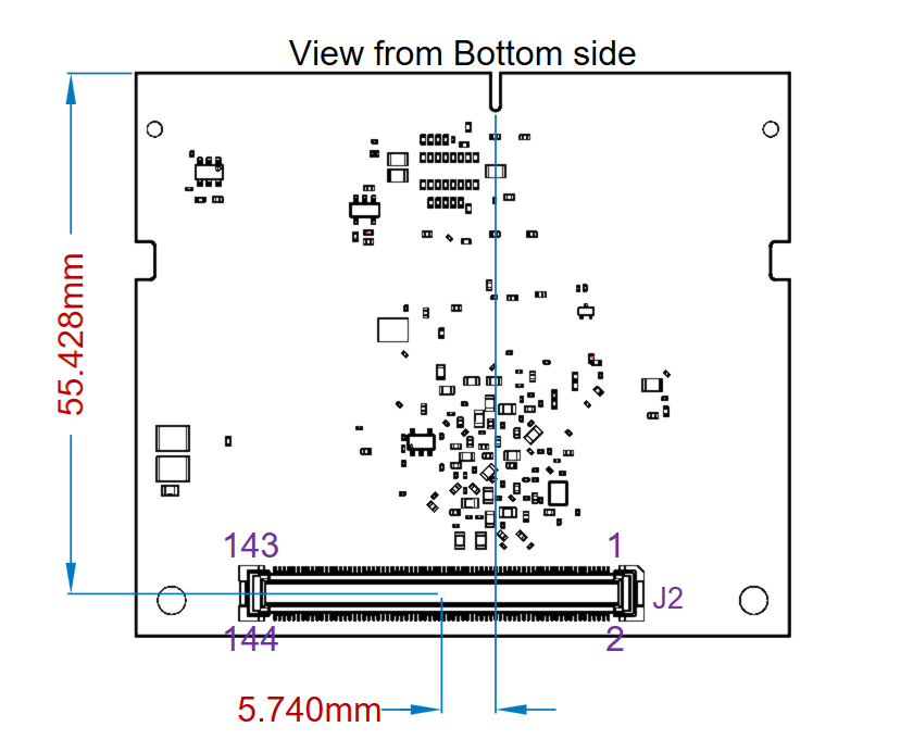 Bottom side diagram of MitySOM-C10G, a System on Module featuring the Altera Cyclone 10 GX FPGA