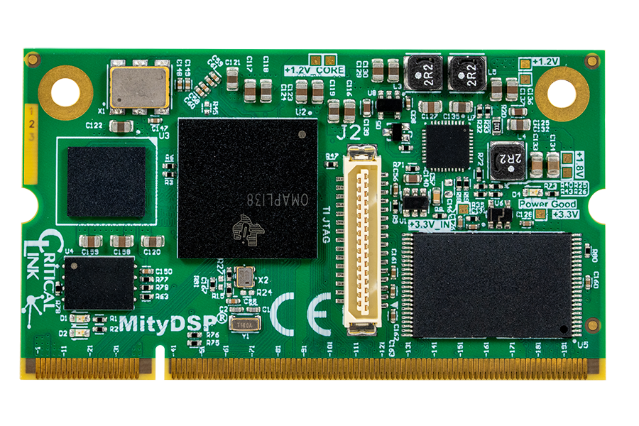 Top view of Critical Link's MityDSP-L138 System on Module featuring Texas Instruments OMAP-L138