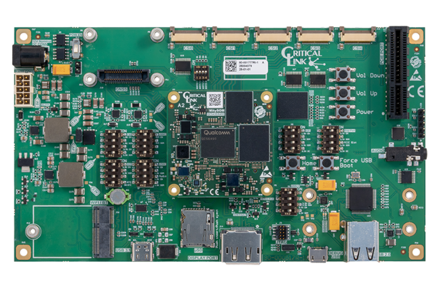 Top view of Critical Link's MitySOM-QC6490/5430 Development Kit featuring the Qualcomm Dragonwing QCS6490 or QCS5430 processor