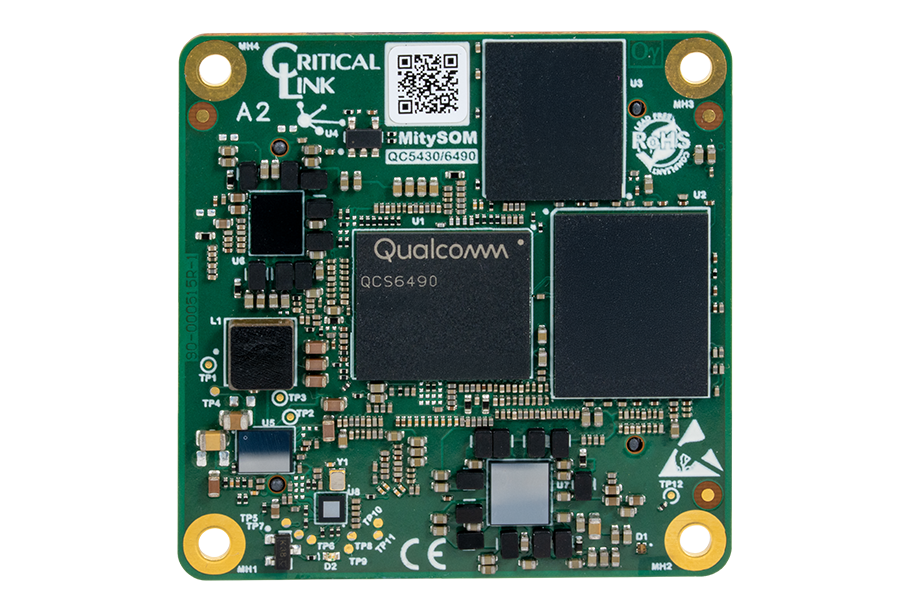Top view of Critical Link's MitySOM-QC6490 / MitySOM-QC5430 System on Module based on the Qualcomm Dragonwing QCS6490 and QCS5430 processor
